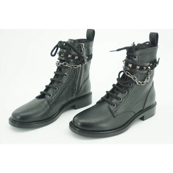 Valentino Rockstud Chain Combat Ankle Boots Size 37 black Leather $1290 - Picture 4 of 12